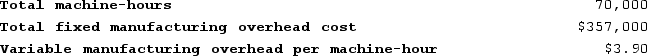 <strong>Laflame Corporation uses a job-order costing system with a single plantwide predetermined overhead rate based on machine-hours. The company based its predetermined overhead rate for the current year on the following data: The estimated total manufacturing overhead is closest to:</strong> A) $273,000 B) $630,000 C) $357,004 D) $357,000