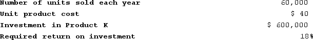 Seamons Corporation has the following information available on Product K:   The company uses the absorption costing approach to cost-plus pricing described in the text and a 40% markup. Based on these data, the company's total selling and administrative expenses associated with Product K each year are: