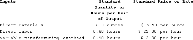 Lacrue Incorporated has provided the following data concerning one of the products in its standard cost system. Variable manufacturing overhead is applied to products on the basis of direct labor-hours. The actual output for the period was 3,700 units.The standard amount of materials allowed for the actual output is closest to: