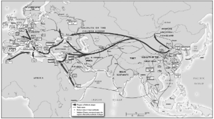 <strong>Questions refer to the passage below. The Spread of the Black Death The initial route of transmission of the Black Death was confined mainly to the ________ routes.</strong> A) Indian Ocean B) Silk Road C) trans-Saharan D) Mediterranean Sea