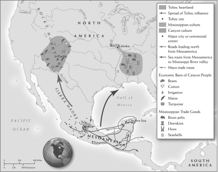 <strong>Questions refer to the map and image below. Commercial Hubs in Mesoamerica and North America c. 1000   Monks Mound, Cahokia Mounds State Historic Site   Given the information on the map, what is a likely explanation for the shape of the mound at Cahokia?</strong> A) The knowledge of pyramid-shaped ceremonial sites spread from the Mayan and Toltec cities to the Mississippi Valley civilizations. B) The knowledge of pyramid-shaped ceremonial sites spread along the land trade routes to the Mayan and Toltec cities. C) Pueblo people could not create ceremonial sites because they lacked large draft animals or rivers to transport construction material. D) Mesoamerica and North America did not create ceremonial sites like those in Afro-Eurasia. <div style=padding-top: 35px> 