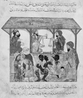 Use the image below to answer all parts of the question that follows. A thirteenth-century Muslim slave market in Yemen   (A) Identify ONE factor that led to large quantities of slaves in Muslim slave markets in the period from 1000-1300. (B) Identify ONE state in Eurasia where free peasants and artisans provided most labor in this time period. (C) Describe the formation of ONE additional type of coerced labor (besides slavery) in Eurasia during this time period.<div style=padding-top: 35px> 
