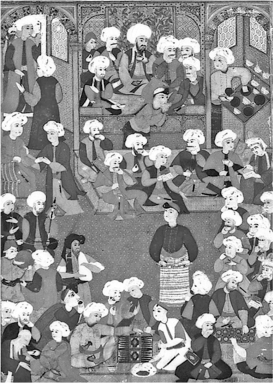 <strong>Questions refer to the images below. Image A. Miniature depicting a banquet in an Ottoman coffeehouse, sixteenth century.   Image B. Interior of a London coffeehouse, c. 1690-1700.   In what ways are the subjects of images A and B similar?</strong> A) They both depict the consumption of a forbidden beverage. B) They both demonstrate political activity. C) They both show the emergence of an elite social activity. D) They both demonstrate the labor-intensive nature of coffee consumption. <div style=padding-top: 35px> 
