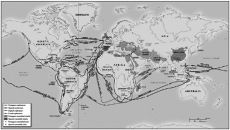 <strong>Questions refer to the map below.   Based on your knowledge of world history, which of the following made Portuguese oceanic voyaging possible in the fifteenth century?</strong> A) Funding from chartered companies B) New knowledge of the size of the Atlantic Ocean C) New shipbuilding technology and navigational skills D) Discovery of maps showing the kingdom of Prester John <div style=padding-top: 35px> 