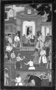 <strong>Questions refer to the image below.   Mughal Emperor Akbar, attended by a multiethnic group of scholars, accepts the Book of Akbar (Akbarnama) from Abu'l-Fazl, one of the Disciples of Din-i-Ilahi, the Divine Faith (a syncretic religion). Which of the following is illustrated in the painting above?</strong> A) Mughal interest and tolerance of other cultures during Akbar's reign B) Akbar's curiosity with regard to new products C) A monotheistic religion originating in the Middle East D) Akbar's adherence to a universal set of laws <div style=padding-top: 35px> 