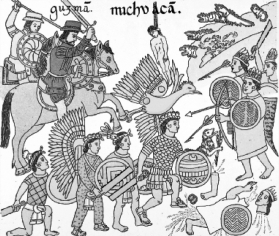 <strong>Questions refer to the sources below.   Conquest of the Aztecs drawn by an Amerindian convert in the sixteenth century, based on oral histories and traditional style. It especially made him [Montezuma] faint when he heard how the guns went off at [the Spaniards'] command, sounding like thunder, causing people actually to swoon, blocking the ears. And when it went off, something like a ball came out from inside, and fire went showering and spitting out. And the smoke that came from it had a very foul stench, striking one in the face. And if they shot at a hill, it seemed to crumble and come apart. And it turned a tree to dust; it seemed to make it vanish, as though someone had conjured it away. Their war gear was all iron. They clothed their bodies in iron, they put iron on their heads, their swords were iron, their bows were iron, and their shields and lances were iron. And their deer that carried them were as tall as the roof. The Florentine Codex. Written in the sixteenth century by Spanish Franciscan Friar Bernardo de Sahagun based on the accounts of Nahua men who were his converts. Which of the following is a disagreement between the two sources concerning the cause of the Aztecs' defeat?</strong> A) This first source shows how cannons destroyed the Aztec cities. B) The second source emphasizes the military impact of horses and war dogs. C) The first source shows that other indigenous peoples fought on the side of the Spaniards. D) The second source shows how cannon were used to deforest the region. <div style=padding-top: 35px> 