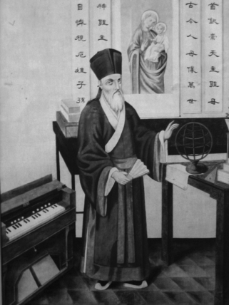 Use the image below to answer all parts of the question that follows. Portrait of Jesuit Father Matteo Ricci, first European missionary to enter the Forbidden City, early seventeenth century.   (A) Identify ONE way that the image above shows how Ricci made accommodations for Ming customs. (B) Identify ONE way that the image above supports Ricci's missionary goals in China. (C) Identify and explain ONE other example of religious dispersion during the period from 1500 to 1600.<div style=padding-top: 35px> 