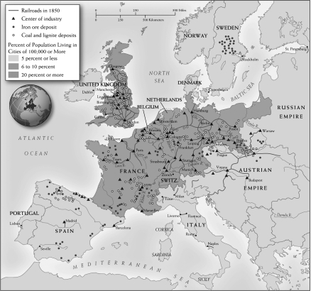 <strong>Questions refer to the map below. Industrial Europe around 1850   According to the map and your knowledge of world history, which of the following natural resources contributed MOST to the growth of the Industrial Revolution?</strong> A) Coal deposits B) Iron ore deposits C) Steel deposits D) Access to wool <div style=padding-top: 35px> 