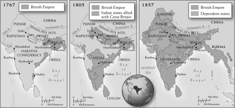 Use the maps below to answer all part of the question that follows. The British in India, 1767-1857   (A) Describe ONE change represented in the three maps of India regarding the British. (B) Identify ONE reason for the change in Part A. (C) Explain ONE historical development that would account for the changes in the maps regarding the British in India.<div style=padding-top: 35px> 