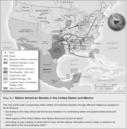 Use the map below to answer all parts of the question that follows. Native American Revolts in the United States and Mexico   (A) Identify ONE way the United States gained territory in the nineteenth century. (B) Identify ONE additional way the United States gained territory in the nineteenth century. (C) Explain ONE indigenous response to the expansion of United States territory in the nineteenth century.<div style=padding-top: 35px> 