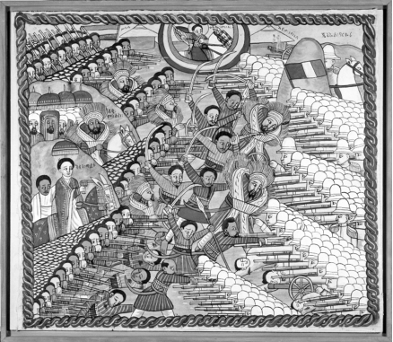 <strong>Questions refer to the image below. The Battle of Adwa (1896), Artist Unknown Emperor Menelik is shown in the center on horseback and Empress Taytu Betul (Taitu) commands troops in the lower left. At top-center, the artist depicts the angel Gabriel leading the Ethiopians to victory. According to the image, who utilized advanced military technology in this battle?</strong> A) European soldiers B) Ethiopian troops C) Religious leaders D) Both Europeans and Ethiopians