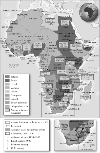 <strong>Questions refer to the map and image below. A. Uprisings and Wars in Africa   B. German extermination of the Herero, photograph, 1904-1906   Which of the following accurately describes the changes in colonization patterns from the early nineteenth century to that seen in the map above?</strong> A) European states fought each other in Africa to acquire territory. B) Portuguese influence declined, while that of Britain and France grew. C) The French colonized only northwest Africa because of its proximity to France. D) Economic imperialism led many European states to invest in Africa. <div style=padding-top: 35px> 