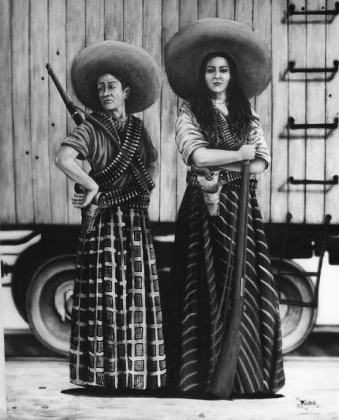 Use the images below to answer all parts of the question that follows. Insurrectos and their women, c. 1910   Las Adelitas   Women fighters during the Mexican Revolution 1910-1914 (A) Identify and explain ONE similarity between the purposes of the two images. (B) Identify and explain ONE significant difference between the portrayal of women in the two images. (C) Identify and explain ONE example of a broader historical context in which the events portrayed in the images took place.<div style=padding-top: 35px> 