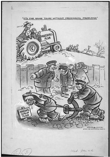<strong>Questions refer to the image below. It's the same thing without mechanical problems / Herblock Why did the leader of the Soviet Union, Joseph Stalin, reject the U.S. offer of Marshall Plan aid?</strong> A) He believed accepting U.S. aid would be an admission of failure with the Soviet system. B) He thought the amount of aid the Unites States offered was insulting, in light of Soviet contributions to the defeat of Germany during the war. C) Stalin rejected the Marshall Plan's idea that Western technology was superior to Soviet technology. D) Stalin's plan called for a return to an agrarian-based society, rejecting the inequalities found in industrialization.