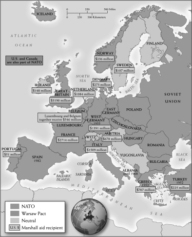 Use the map below to answer all parts of the questions that follow. Map of NATO-Warsaw Pact (A) Identify and explain ONE significant similarity between the alliances depicted on the map. (B) Identify and explain ONE significant difference between the alliances depicted on the map. (C) Explain ONE limitation of using the maps to measure the relative strength of the two alliances.