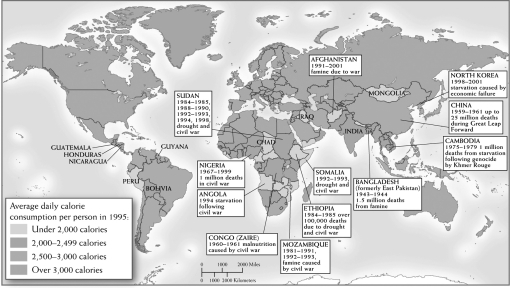 <strong>Questions refer to the map below. Food Consumption and Famine since 1940s Based on evidence from the map above, what has been the main cause of famines around the world since the 1940s?</strong> A) Global warming B) Natural disasters and drought C) Human conflicts D) A breakdown of food distribution networks