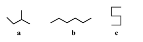 <strong>Which of the following molecules is not a straight-chain hydrocarbon? </strong> A)a B)b C)c D)All of the above are straight-chain hydrocarbons. E)None of the above are straight-chain hydrocarbons.