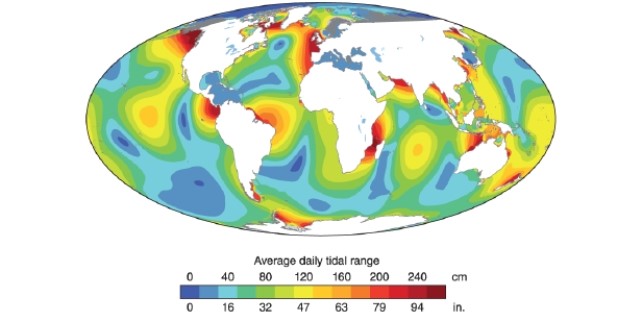 <strong> Maximum tidal ranges are approximately __________ inches on this map.</strong> A)< 16 B)32 C)47 D)> 94