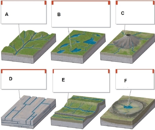 <strong> In the figure, box E shows what type of drainage pattern?</strong> A)deranged B)radial C)rectangular D)trellis