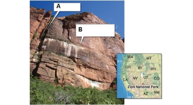 <strong> In the photo, box A points to what?</strong> A)a bedding plane B)an exfoliation dome C)a joint D)a landslide