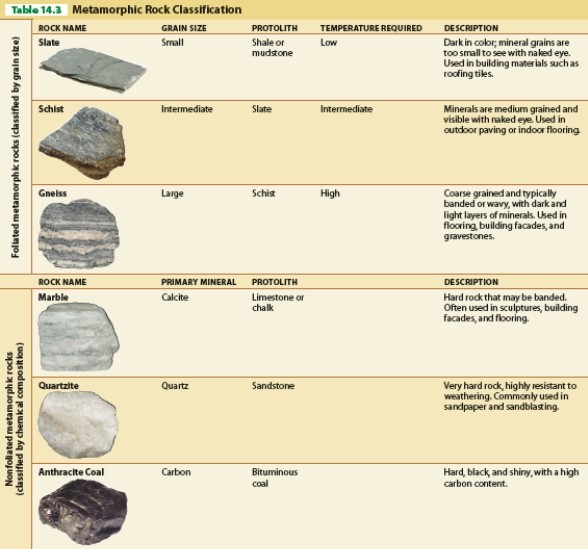 <strong> Referring to Table 14.3, which type of metamorphic rock is foliated?</strong> A)anthracite coal B)marble C)quartzite D)schist