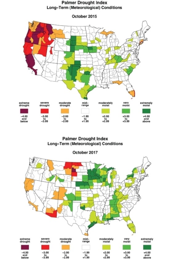 -On the October 2017 map, which region shows the greatest moisture deficits?