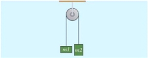 <strong>Figure 4.2 Two crates connected by a string passed through a pulley. Two weights, one with mass 2 kg and the other with mass 4 kg, are attached to the ends of a massless string that hangs over an ideal pulley. The system is allowed to move freely. What is the value of acceleration of the system?</strong> A)3.3 m/s<sup>2</sup> B)9.8 m/s<sup>2</sup> C)19.6 m/s<sup>2</sup> D)29.0 m/s<sup>2</sup>