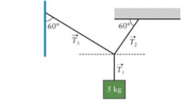 Figure 4.6 The figure shows a hanging body. The chords are massless. In Fig. 4.6, an alpinist with mass M = 80 kg is hanging between a wall and the ceiling of a cave. If the rope is manufactured to withstand tension T = 500 N, is it sufficiently strong to hold the alpinist?