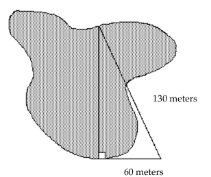 Solve the problem. -Abigail needs to determine the distance at certain points across a lake. Her crew and she are able to measure the distances shown on the diagram below. Find how wide the lake is to the nearest tenth of a meter.  