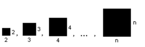 Write the word or phrase that best completes each statement or answers the question. Consider the following squares. For the nth square, the length of each side is n. i)Find the areas of the first 4 squares, then list the areas in a sequence. ii)Find the general term for the area of the nth square in the sequence. Usee for t for the area.