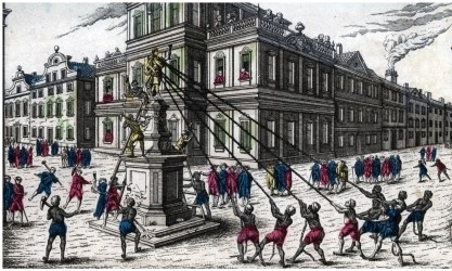 <strong>What does this etching depict? </strong> A) Enslaved African Americans pulling down a statue of George III in New York City, after independence was declared in 1776 B) Costumed patriots pulling down a statue of George III in Boston, before the city was invaded by British forces C) Formerly enslaved African Americans pulling down a patriotic monument in New York City after the city was occupied by the British army D) Enslaved workers pulling down a statue of George III in British Jamaica, to show sympathy for the American cause
