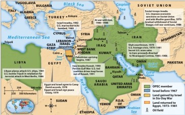 <strong>Map 28.1, The United States in the Middle East, 1978-1991, shows American involvement in Middle Eastern affairs during the time period. Which region, according to this map, was most important for access to oil?  </strong> A) The Mediterranean B) The Nile River Delta C) The Persian Gulf D) The Sinai peninsula <div style=padding-top: 35px> 