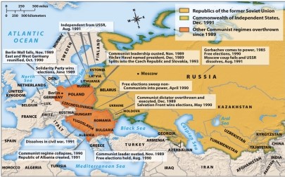 <strong>Map 28.3, The Fall of Communism in Eastern Europe and the Soviet Union, 1989-1991, shows the disintegration of the Eastern Bloc at the end of the Cold War. Which Eastern European country first held elections in which the Communist Party did not win?  </strong> A) East Germany B) Poland C) Romania D) Hungary <div style=padding-top: 35px> 