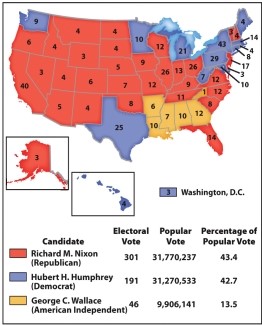 <strong>Map 27.1, The Election of 1968, shows the results of the presidential contest in 1968. Which of the following conclusions can be drawn from this illustration?  </strong> A) With the states of the old Confederacy, Humphrey could have won. B) Nixon defeated Humphrey with a vast majority of popular votes. C) George Wallace stole Humphrey's election. D) Voter turnout in the 1968 contest had been abysmal. <div style=padding-top: 35px> 