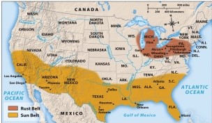 Map 27.2, The Sun and Rust Belts, shows two starkly differing economic and demographic regions. How many states were part of the Sun Belt?