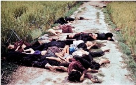 <strong>The image My Lai Massacre, 1968 shows the victims of the deadly attack by U.S. army soldiers during the Tet Offensive. What conclusion does this picture permit?  </strong> A) The shooters had been looking for Vietcong. B) Some of the villages had fought back. C) U.S. soldiers had tried to spare civilians and only kill identifiable enemies. D) The shooters were not concerned whether evidence of this massacre would have repercussions for them. <div style=padding-top: 35px> 