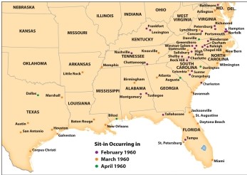 Map 25.1, Lunch Counter Sit-Ins, February-April 1960, shows the eruption of sit-ins in fifty-eight cities across the South. Which state witnessed the largest number of them?