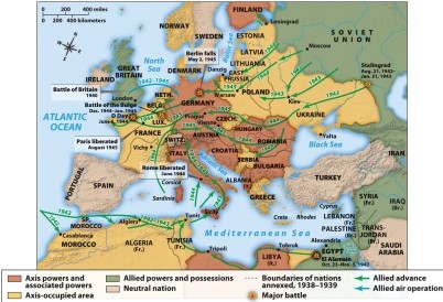 <strong>Map 23.1, World War II in Europe, 1941-1945, illustrates the long war against Nazi Germany on the Eastern and Western Fronts. Which of the following offers the proper chronology of some of the major battles in the European theater of war?  </strong> A) Battle of Britain - El Alamein - Fall of Stalingrad - Liberation of Rome - Battle of the Bulge B) El Alamein - Fall of Stalingrad - Battle of Britain - Battle of the Bulge - Liberation of Rome C) Fall of Stalingrad - Battle of Britain - Battle of the Bulge - Liberation of Rome - El Alamein D) Liberation of Rome - Battle of Britain - El Alamein - Battle of the Bulge - Fall of Stalingrad <div style=padding-top: 35px> 