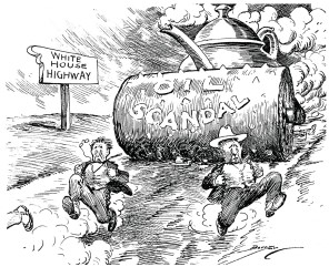 <strong>What did Clifford K. Berryman's cartoon Juggernaut of the Teapot Dome scandal in the Washington Evening Star imply?  </strong> A) Harding's cabinet was making a mockery of his presidency. B) The scandal was bound to implicate the White House itself. C) Secretary of the Interior Albert Fall was maneuvering the crisis deftly. D) Secretary of the Navy Edward Denby was innocent of the charges. <div style=padding-top: 35px> 