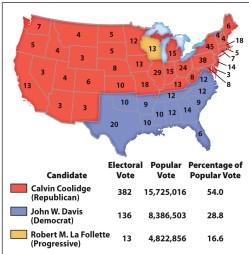 <strong>What can we conclude from the map of the election of 1924 (Map 21.2)?  </strong> A) The Democrats' support for prohibition hurt their campaign in the Northeast. B) Wisconsin embraced socialist politics during the 1920s. C) Warren G. Harding won reelection despite the Teapot Dome Scandal. D) Nothing had changed in national politics since the 1860 split. <div style=padding-top: 35px> 