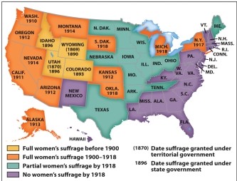 <strong>What can you learn about the gradual embrace of women's suffrage from Map 19.1, titled Women's Suffrage? </strong> A) States with strong populist traditions were the first to embrace women's suffrage. B) The same states that had been pioneers in antebellum women's reform and abolitionism now led the way in women's suffrage. C) The more urban and developed the states, the earlier their embrace of women's suffrage. D) States with low population densities and frontier societies were the first to embrace women's suffrage.