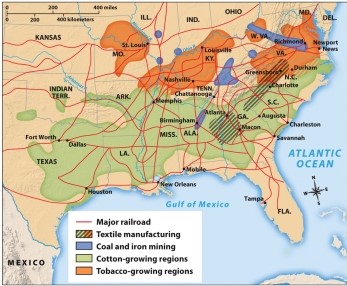 Based on Map 16.1, The New South, 1900, which of the following states enjoyed the most diverse resource base to attract industry?