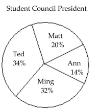 <strong>The circle graph shows the results of the student council presidential election. The complete circular area represents 100% of the votes. - 300 total votes The circle graph shows what percent of the vote each person received.How many votes did Ted get?</strong> A)60 B)42 C)96 D)102
