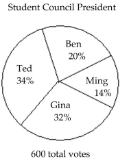 The circle graph shows the results of the student council presidential election. The complete circular area represents 100% of the votes. - The circle graph shows what percent of the vote each person received. If 600 total votes were cast, how many votes did Ted get?