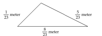 <strong>Solve. Write the answer in simplest form. -Find the perimeter of the scalene triangle, a triangle with all three sides a different length. Recall that the perimeter of a figure is the distance around a figure. </strong> A) \frac { 11 } { 23 } \mathrm {~m} B) \frac { 15 } { 23 } \mathrm {~m} C) \frac { 14 } { 23 } \mathrm {~m} D) \frac { 17 } { 23 } \mathrm {~m}