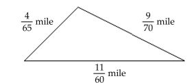 <strong>Solve. Write the answer in simplest form. -Find the perimeter of the triangle. </strong> A) \frac { 8 } { 65 } \mathrm { mi } B) \frac { 1 } { 11375 } \mathrm { mi } C) \frac { 24 } { 5 } \mathrm { mi } D) \frac { 2039 } { 5460 } \mathrm { mi }