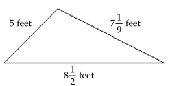 <strong>Solve. -Find the perimeter of the triangle. </strong> A) 20 \frac { 2 } { 11 } \text { feet } B) 20 \frac { 11 } { 18 } \text { feet } C) 20 \frac { 1 } { 9 } \text { feet } D) 32 \frac { 9 } { 11 } \text { feet }