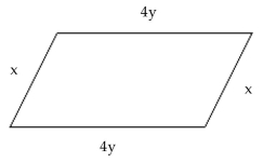 Solve the problem. -The perimeter of the parallelogram below is 98 meters. Write a linear equation on two variables for the perimeter. Use this equation to find x when y is 10.