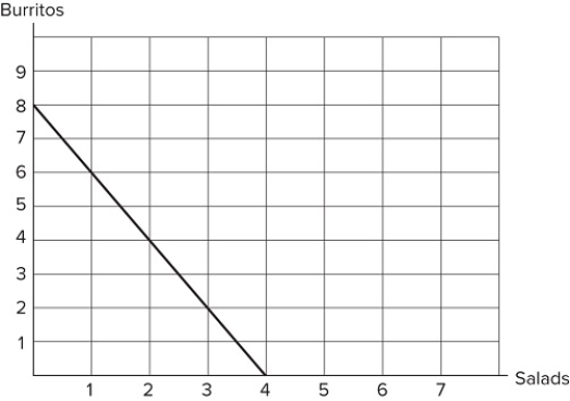 <strong> If the graph shown represents Damien's budget constraint, what can be said about burritos?</strong> A)Burritos cost twice as much as salads. B)Burritos cost half as much as salads. C)Damien likes burritos more than salads. D)Damien is willing to pay twice as much for burritos as he is for salads.