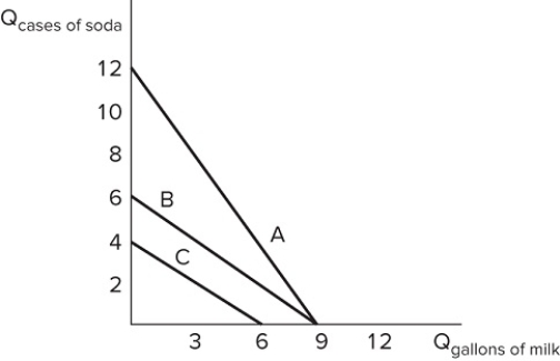 <strong> Assume Larry's budget constraint is represented by line B in the graph shown. His opportunity cost of one gallon of milk is:</strong> A)6 cases of soda. B)exactly one case of soda. C)less than one case of soda. D)more than one case of soda.